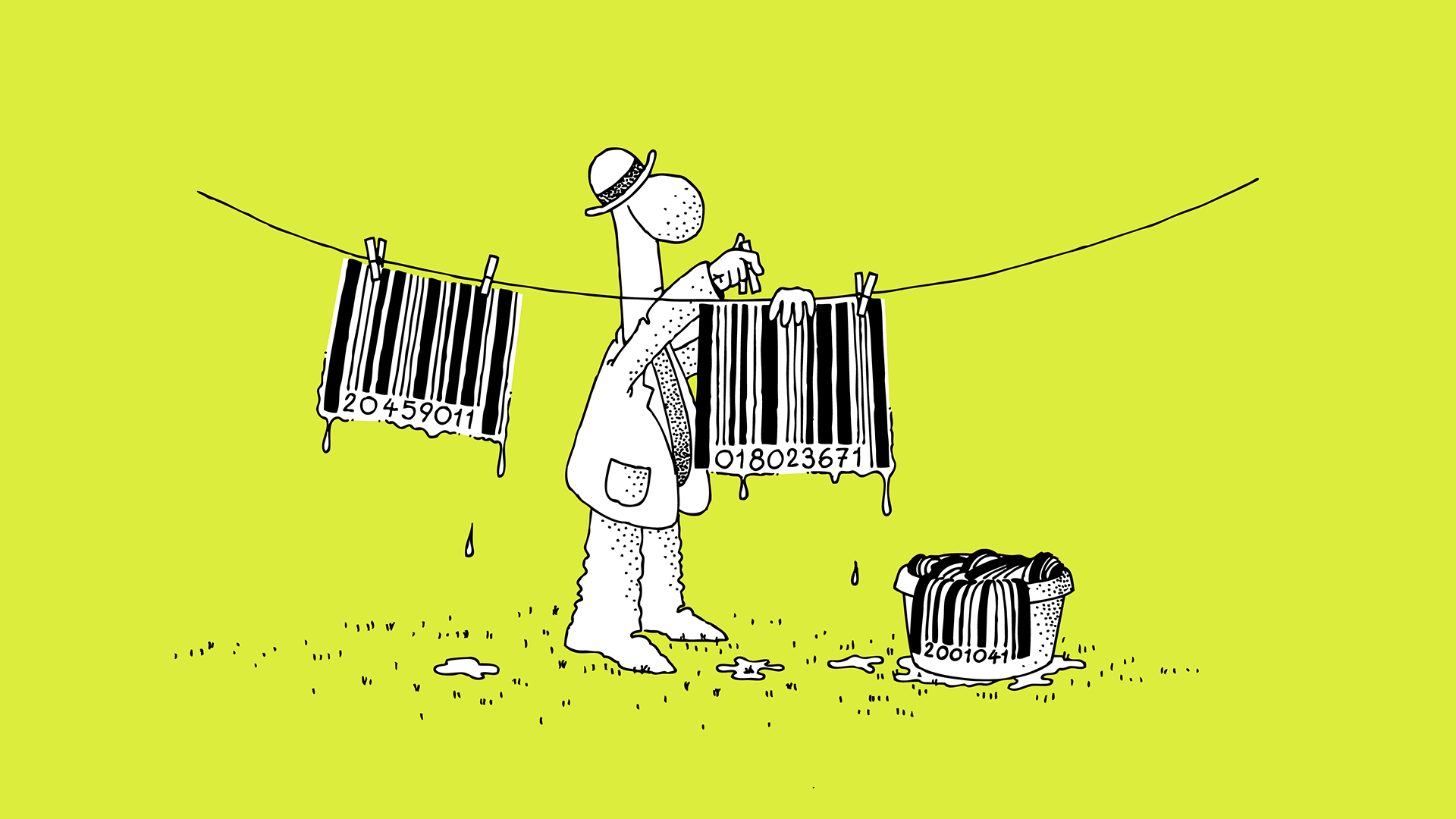 Cartoon of a man hanging barcodes to dry